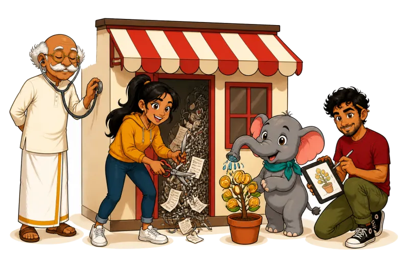 Illustration of a business diagnostic: an older consultant listens to a small shop with a stethoscope, a developer cuts tangled wires and bills, and a baby elephant waters a money plant
