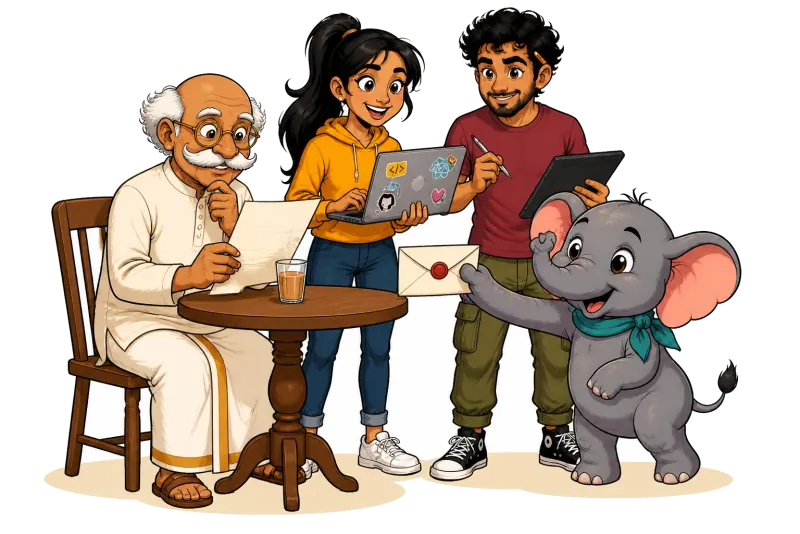 Illustration of a business enquiry being read: an older man reads a letter over a glass of chai while a baby elephant delivers another envelope and the team gets ready