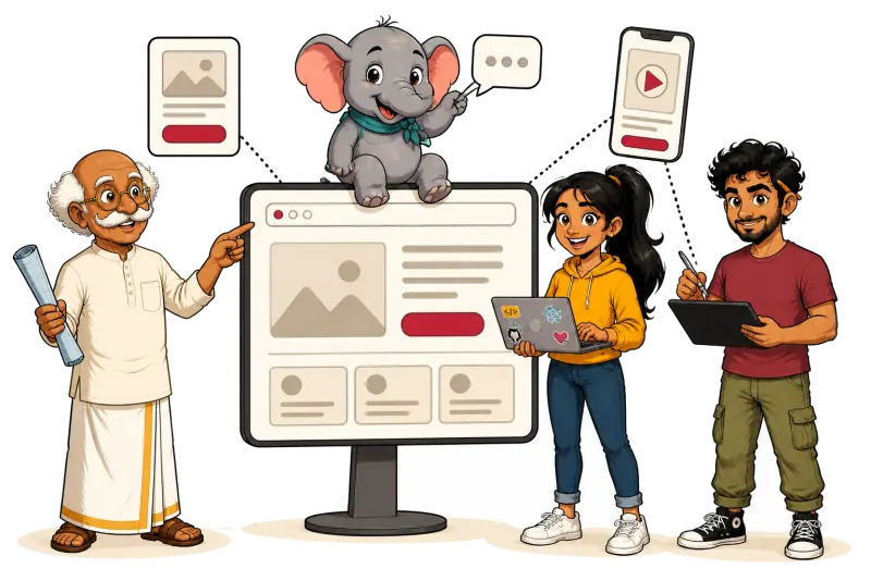 Illustration of Rinisha's digital growth team in Kochi working on one project: a website on a big screen linked to an ad, a reel and WhatsApp chat messages
